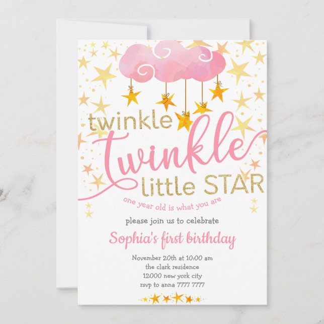 Invitación Twinkle Little Star One year Baby Girl Cumpleaños (Anverso)
