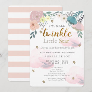 Invitación Twinkle Little Star Pink Floral Baby Shower