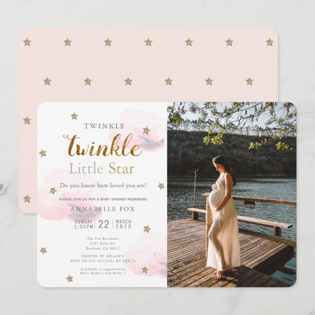 Invitación Twinkle Little Star Pink Photo Baby Shower (Anverso / Reverso)