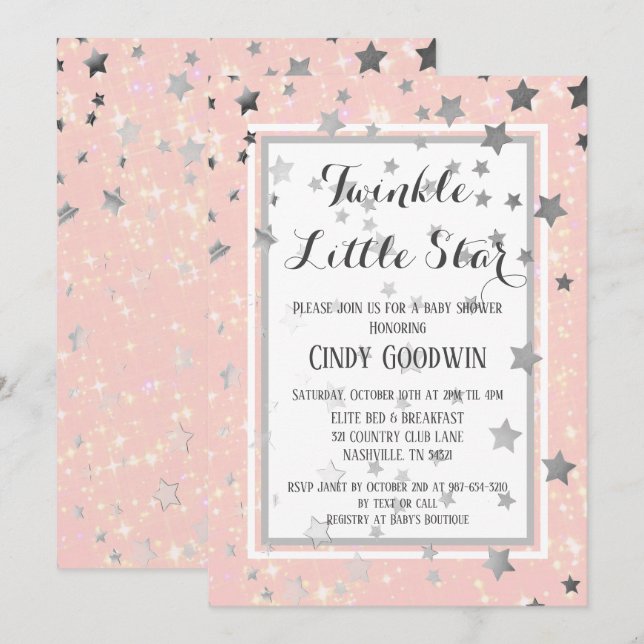 Invitación Twinkle Little Star Pink Silver Stars Baby Shower (Anverso / Reverso)