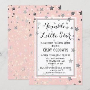 Invitación Twinkle Little Star Pink Silver Stars Baby Shower