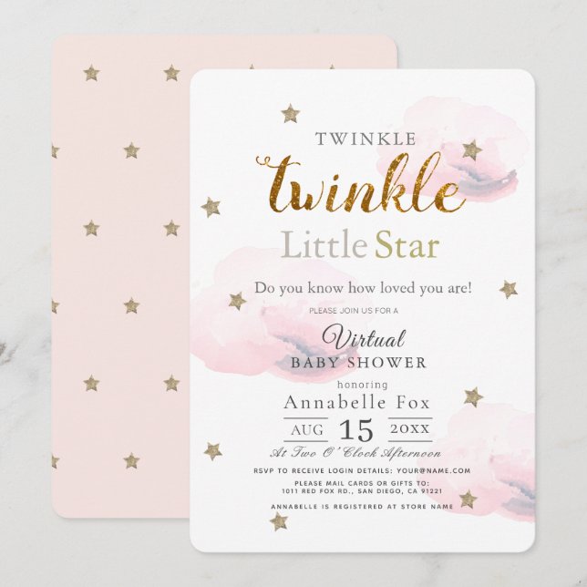 Invitación Twinkle Little Star Pink Virtual Baby Shower (Anverso / Reverso)