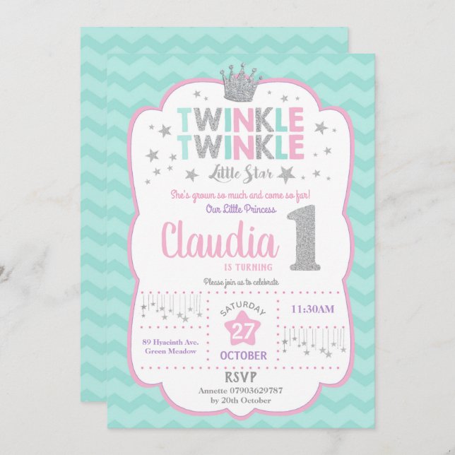 Invitación Twinkle Little Star Primera Princesa de Cumpleaños (Anverso / Reverso)