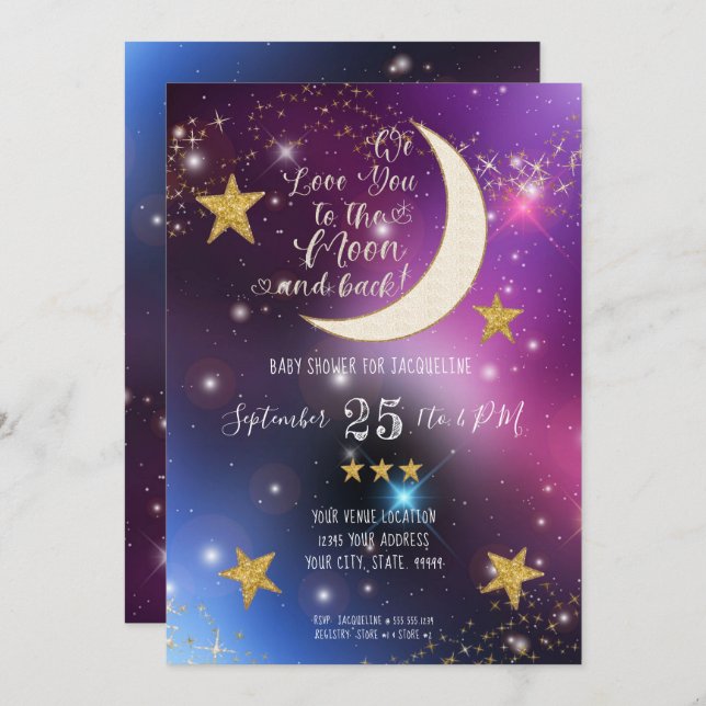 Invitación Twinkle Little Star Purple Gold Moon Baby Shower (Anverso / Reverso)