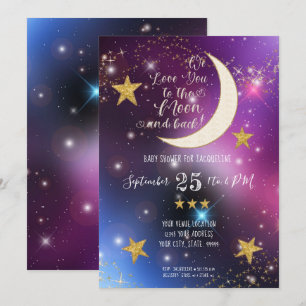 Invitación Twinkle Little Star Purple Gold Moon Baby Shower
