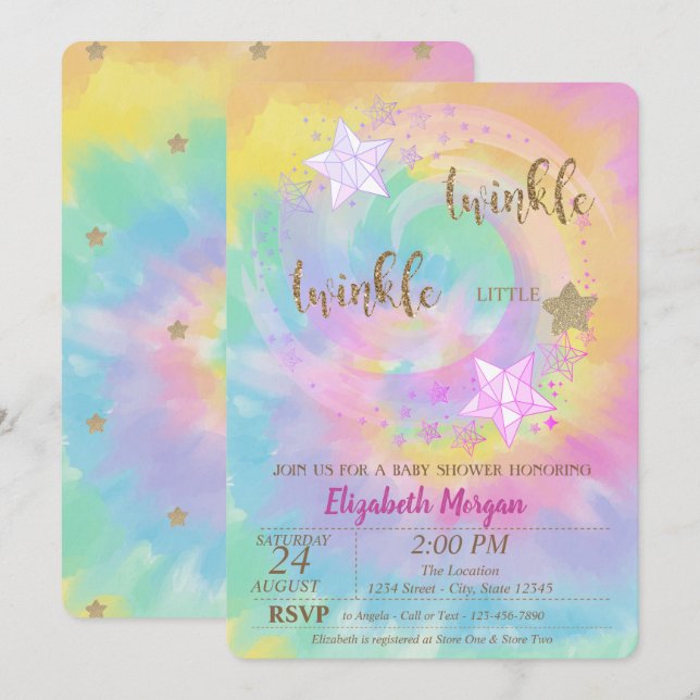 Invitación Twinkle Little Star Purpurina Tie Dye Baby Shower (Anverso / Reverso)