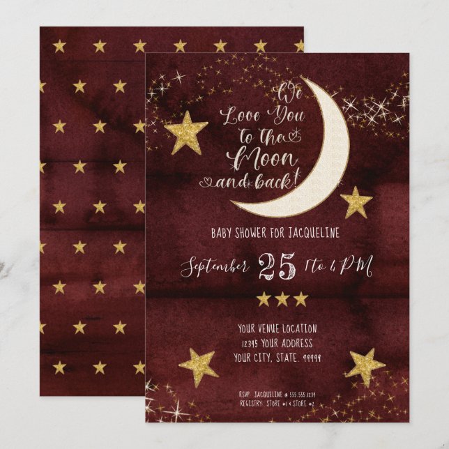 Invitación Twinkle Little Star Red Burgundy Moon Baby Shower (Anverso / Reverso)