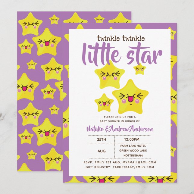 Invitación Twinkle Little Star Shower Purp Yellow Modern Cute (Anverso / Reverso)