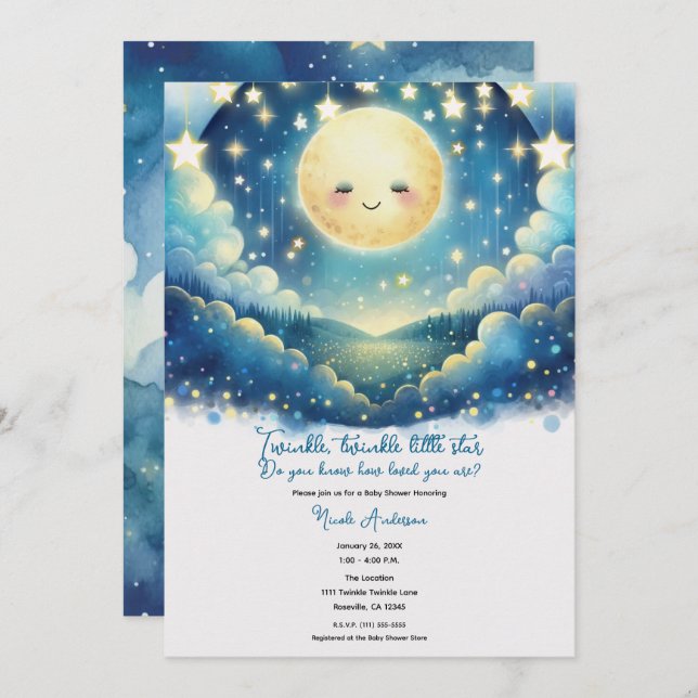 Invitación Twinkle Little Star Watercolor Baby Shower (Anverso / Reverso)