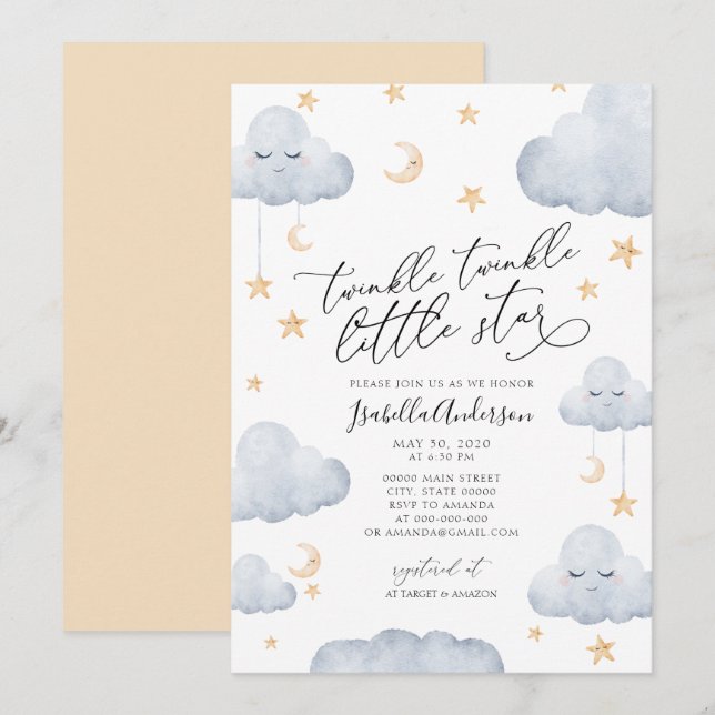 Invitación Twinkle Little Star Yellow Blue Baby Shower (Anverso / Reverso)