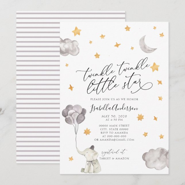 Invitación Twinkle Little Star Yellow Elephant Baby Shower (Anverso / Reverso)