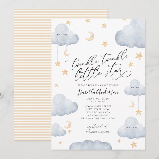 Invitación Twinkle Little Star Yellow Stripes Baby Shower (Anverso / Reverso)