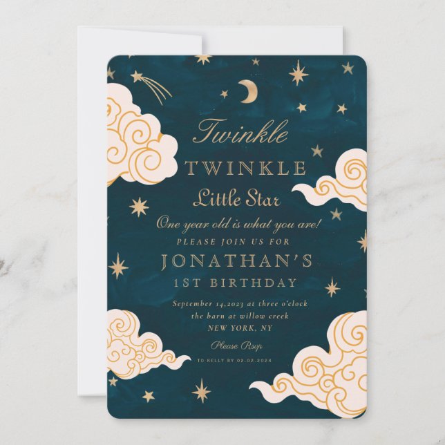Invitación Twinkle Little Stars Cute Moon 1er cumpleaños (Anverso)
