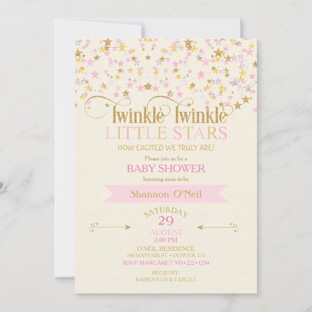 Invitación Twinkle Little Stars Twins Baby Shower Pink Gold (Anverso)