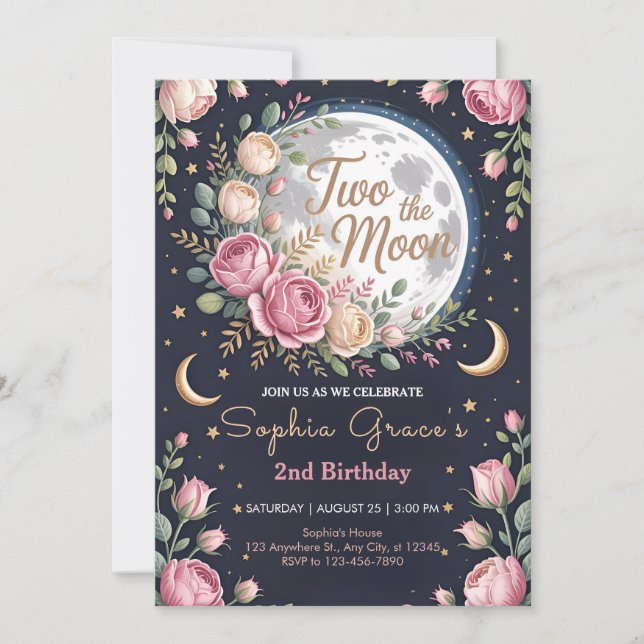 Invitación Twinkle Moon and Roses 2nd Birthday (Anverso)