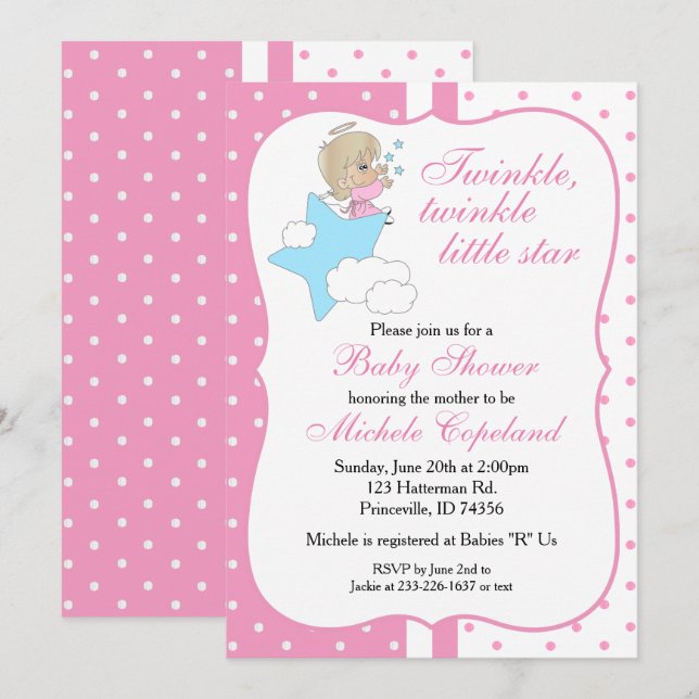 Invitación Twinkle, Pequeña Estrella Twinkle - Niña Bebé (Anverso / Reverso)