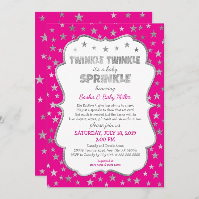 Invitación Twinkle rosado caliente Twinkle Baby Sprinkle invi (Anverso / Reverso)