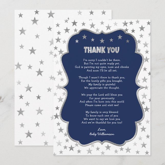 Invitación Twinkle silver stars navy boy gracias nota (Anverso / Reverso)
