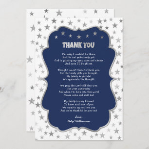 Invitación Twinkle silver stars navy boy gracias nota