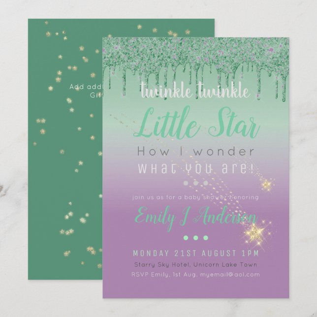 Invitación TWINKLE STAR Green Purple Drin Purpurina Baby Gend (Anverso / Reverso)