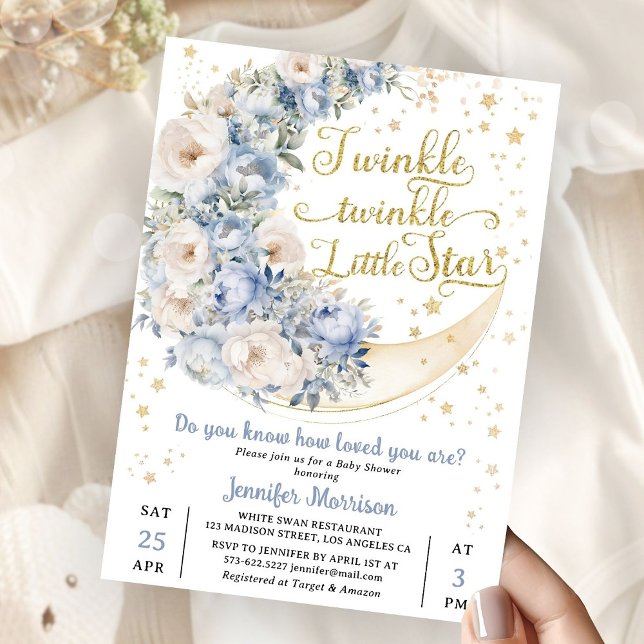 Invitación Twinkle Star Moon Baby Shower Boy Blue (Subido por el creador)