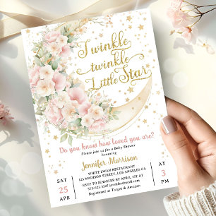 Invitación Twinkle Star Moon Baby Shower Niña Rosa 