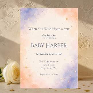 Invitación Twinkle Star Peach Periwinkle Celestial Baby