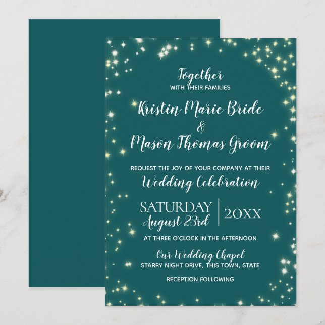 Invitación Twinkle Stars Verde azulado Sparkle Boda (Anverso / Reverso)