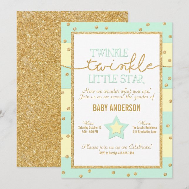 Invitación Twinkle Twinkle Aqua Yellow Gold Revelación de gén (Anverso / Reverso)