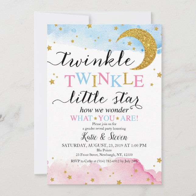 Invitación Twinkle Twinkle (Azul y Rosa) Revelación de Género (Anverso)