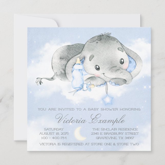Invitación Twinkle Twinkle Baby Boy Elefante Baby Shower (Anverso)