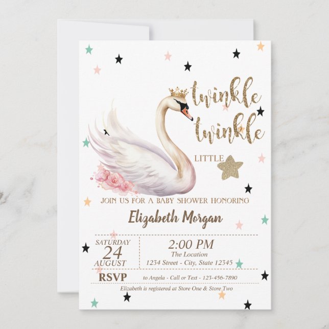 Invitación Twinkle Twinkle, Baby Shower de las flores de cisn (Anverso)