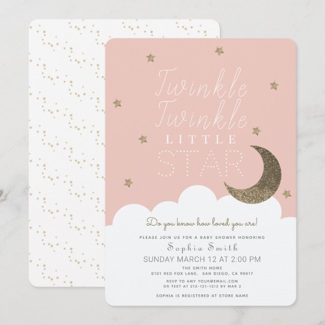 Invitación Twinkle Twinkle Chica Rosa Estrella Pequeña Baby S (Anverso / Reverso)