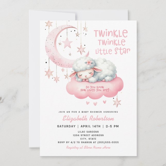 Invitación Twinkle Twinkle Chicas de cordero rosado Baby Show (Anverso)