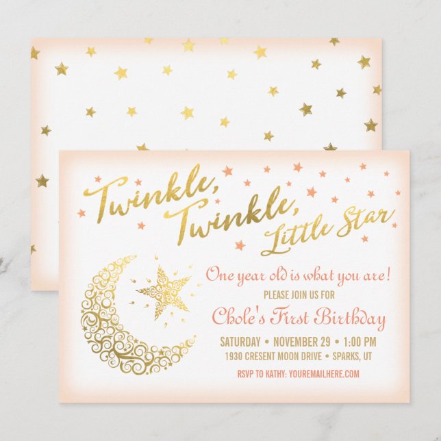 Invitación Twinkle, Twinkle, coral de la fiesta de cumpleaños (Anverso / Reverso)