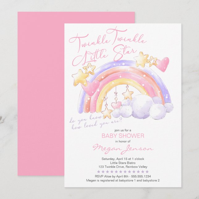 Invitación Twinkle Twinkle Cute Chica rosa arcoiris Baby Show (Anverso / Reverso)