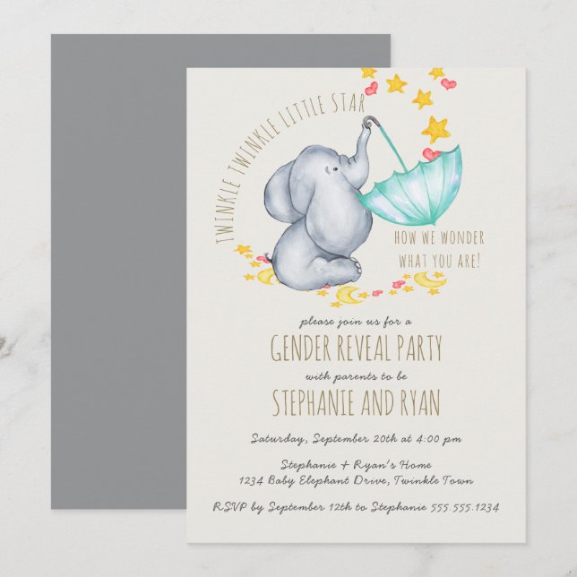 Invitación Twinkle Twinkle Elefante Gris Revelación de Género (Anverso / Reverso)