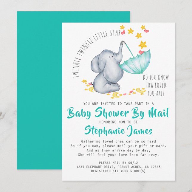 Invitación Twinkle Twinkle Elephant Baby Shower por correo (Anverso / Reverso)