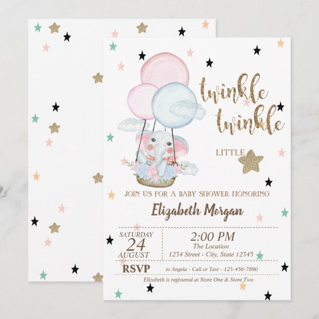 Invitación Twinkle Twinkle, Elephant Balloons Baby Shower (Anverso / Reverso)