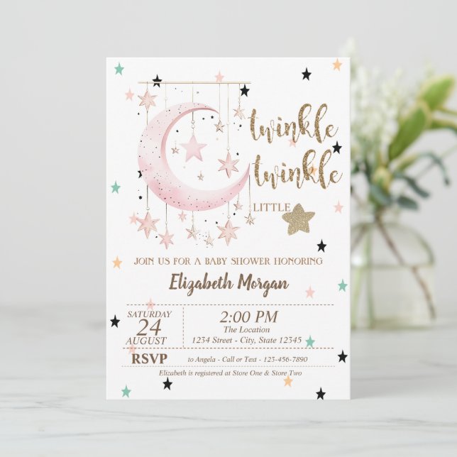 Invitación Twinkle Twinkle,Estrellas Rosadas Cumpleaños de Be (Anverso de pie)