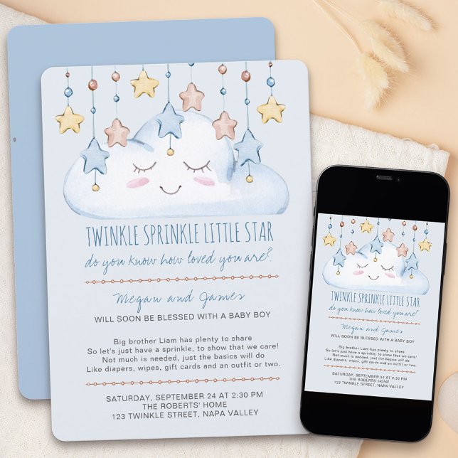 Invitación Twinkle Twinkle Estrellas y Nube Baby Sprinkle Niñ (Twinkle twinkle little star baby sprinkle invitation for a baby boy)