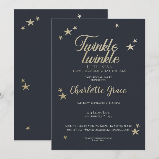 Invitación Twinkle Twinkle Fiesta de revelación de bebé estre (Anverso / Reverso)