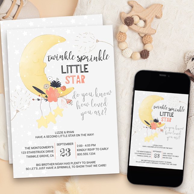 Invitación Twinkle Twinkle Floral Moon Baby Sprinkle (Twinkle twinkle little star baby sprinkle invitation)