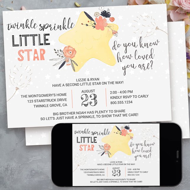 Invitación Twinkle Twinkle Floral Star Baby Sprinkle (twinkle twinkle little star baby sprinkle invitation - message me to create additional templates)