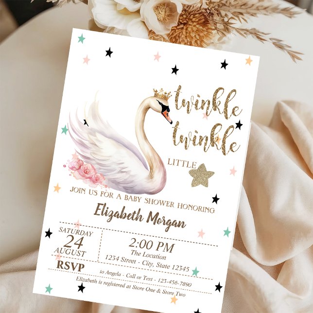 Invitación Twinkle Twinkle, Flores de Cisne Baby Shower (Subido por el creador)