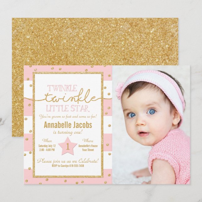 Invitación Twinkle Twinkle Foto de cumpleaños rosa y dorado (Anverso / Reverso)