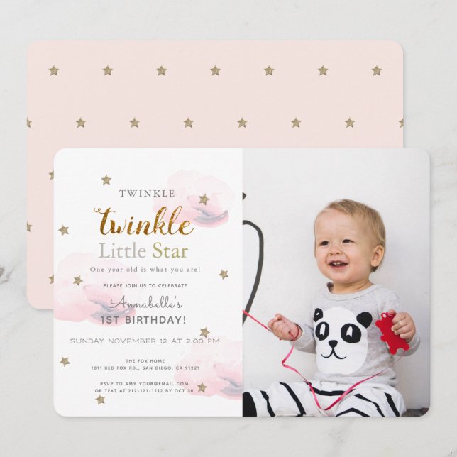 Invitación Twinkle Twinkle Foto de Estrella Pequeña Cumpleaño (Anverso / Reverso)