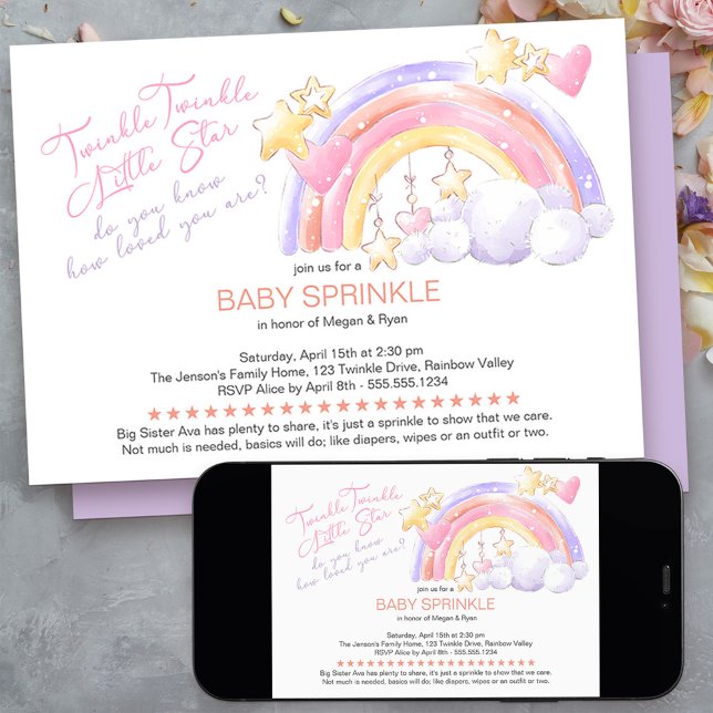 Invitación Twinkle Twinkle Hermoso Arcoíris Baby Sprinkle (twinkle twinkle little star baby sprinkle invitation - message me to create additional templates)