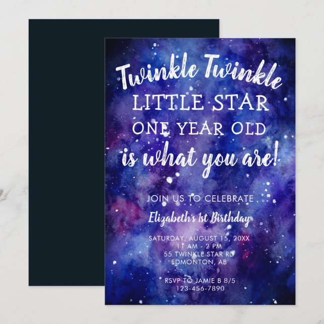 Invitación Twinkle Twinkle Little Star 1er cumpleaños Galaxy  (Anverso / Reverso)