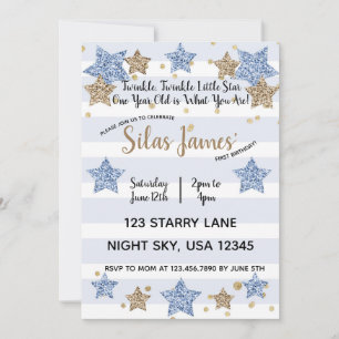 Invitación Twinkle Twinkle Little Star 1er cumpleaños Oro Azu